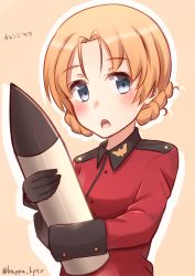 Rule 34 | 10s, 1girl, ammunition, bad id, bad pixiv id, black gloves, blue eyes, blush, braid, character name, girls und panzer, gloves, highres, holding, jacket, kapatarou, long sleeves, looking at viewer, military, military uniform, orange background, orange hair, orange pekoe (girls und panzer), parted lips, red jacket, shell (projectile), short hair, simple background, solo, standing, twin braids, uniform, upper body