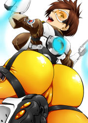 Rule 34 | 1girl, absurdres, ass, bodysuit, breasts, brown hair, cameltoe, dual wielding, ear piercing, earrings, from behind, gloves, goggles, gun, handgun, henriiku (ahemaru), highres, holding, huge ass, jacket, jewelry, large breasts, looking at viewer, looking back, open mouth, overwatch, overwatch 1, piercing, short hair, skin tight, smile, solo, spiked hair, tracer (overwatch), weapon, yellow eyes