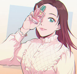 Rule 34 | 1girl, blouse, bottle, brown hair, buttons, closed mouth, commentary request, enomoto azusa, frills, gradient background, green eyes, hand up, highres, holding, holding bottle, lipstick, long hair, long sleeves, looking at viewer, makeup, meitantei conan, mizna, multicolored background, nail polish, perfume bottle, pink lips, pink nails, shirt, smile, solo, upper body, white shirt