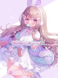 Rule 34 | 1girl, animal ear headphones, animal ears, blush, braid, brown hair, brown socks, blowing bubbles, rabbit ear headphones, center frills, chewing gum, commentary request, dress, fake animal ears, feet out of frame, frilled dress, frills, gun, hair ornament, hairclip, headphones, highres, holding, holding gun, holding weapon, jacket, long hair, long sleeves, off shoulder, omochi monaka, open clothes, open jacket, original, puffy long sleeves, puffy sleeves, purple eyes, purple jacket, rabbit ears, rabbit hair ornament, shoes, sidelocks, sleeves past wrists, socks, solo, standing, standing on one leg, trigger discipline, twin braids, very long hair, weapon, weapon request, white dress, white footwear