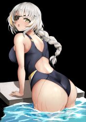 Rule 34 | 1girl, ass, black background, black one-piece swimsuit, braid, competition swimsuit, eyepatch, girls&#039; frontline, highres, long hair, looking at viewer, looking back, m16a1 (girls&#039; frontline), m16a1 (boss) (girls&#039; frontline), one-piece swimsuit, simple background, solo, swimsuit, wading, wet, white hair, yan kodiac, yellow eyes