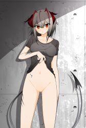 Rule 34 | 1girl, absurdres, antenna hair, arknights, blush, bottomless, cleft of venus, clothes lift, demon girl, demon tail, feet out of frame, grey shirt, highres, horns, lifted by self, luke (b10a3123m), material growth, navel, oripathy lesion (arknights), pussy, pussy juice, red nails, scar, shirt, shirt lift, solo, tail, w (arknights)