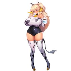 Rule 34 | 1girl, animal ears, animal print, blonde hair, blush, boots, breasts, chocolate milk, cleavage, covered erect nipples, cow ears, cow girl, cow print, cow tail, cup, dark elf, dark elven forest ranger, elbow gloves, elf, english text, full body, game cg, gloves, gyaru, hair between eyes, highres, horns, huge breasts, kogal, last origin, long hair, mug, mug writing, navel, official art, one-piece swimsuit, pointy ears, purple eyes, snowball22, solo, swimsuit, tachi-e, tail, thick thighs, thigh boots, thighhighs, thighs, transparent background, two side up, white thighhighs, wide hips
