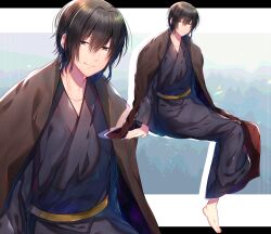 Rule 34 | 1boy, akirannu, barefoot, black hair, black kimono, closed mouth, drop shadow, expressionless, facial hair, goatee, hair between eyes, highres, invisible chair, japanese clothes, kimono, letterboxed, long sleeves, looking at viewer, male focus, original, outside border, purple eyes, short hair, sitting, smile, stubble, variations, wide sleeves, zoom layer