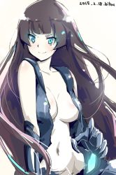 Rule 34 | 10s, 1girl, abyssal ship, aqua eyes, bare shoulders, bitou (bitoumaturi), black hair, blue eyes, blush, breasts, claws, collarbone, colored skin, dated, female focus, gauntlets, groin, highres, kantai collection, large breasts, light cruiser oni, long hair, navel, simple background, sleeveless, smile, solo, torn clothes, very long hair, white background, white skin