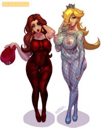 Rule 34 | 2girls, absurdres, belly, blonde hair, blue eyes, bodystocking, bodysuit, breasts, brown hair, cleft of venus, crotch cutout, crown, curvy, donkey kong (1981 game), donkey kong (series), earrings, eyeshadow, finger to mouth, fishnet bodysuit, fishnets, full body, hair over one eye, hat, unworn hat, unworn headwear, high heels, highres, hip focus, jewelry, large breasts, legs, lipstick, long hair, looking at viewer, makeup, mario (series), medium breasts, multiple girls, nail polish, nintendo, nipples, pauline (mario), plump, pubic hair, pussy, red lips, robaato, rosalina, simple background, standing, super mario galaxy, thick thighs, thighs, uncensored, wide hips