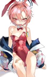 Rule 34 | 1girl, animal ears, bandaid, bandaid on leg, bare shoulders, blue archive, blush, bow, bowtie, braid, breasts, collarbone, detached collar, fake animal ears, feet out of frame, halo, highres, jacket, lee0124, leotard, looking at viewer, neru (blue archive), neru (bunny) (blue archive), official alternate costume, oversized breast cup, pink hair, playboy bunny, rabbit ears, red bow, red bowtie, red leotard, short hair, simple background, single braid, sitting, small breasts, solo, strapless, strapless leotard, sukajan, sweatdrop, white background