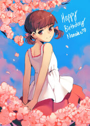 Rule 34 | arms behind back, blue background, bow, breasts, brown eyes, brown hair, character name, cherry blossoms, closed mouth, commentary, doujima nanako, english commentary, english text, falling petals, hair bow, happy birthday, head tilt, heart, highres, kuki tan, large breasts, looking at viewer, looking back, low twintails, own hands together, persona, persona 4, petals, pink bow, red skirt, shirt, short hair, short twintails, skirt, sleeveless, sleeveless shirt, smile, swept bangs, twintails, white shirt