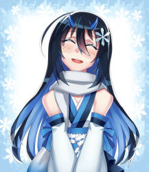 Rule 34 | 1girl, ^ ^, bad id, bad pixiv id, black hair, blue eyes, chroma000, chroma (chroma000), closed eyes, detached sleeves, closed eyes, hair ornament, highres, horns, long hair, looking at viewer, open mouth, original, rikka (chroma), scarf, smile, solo