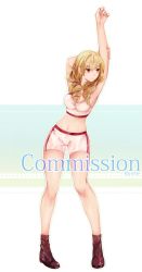 Rule 34 | 1girl, armpits, arms up, bike shorts, blonde hair, commission, drill hair, erika wagner, female focus, legs, long hair, looking to the side, red eyes, rirene, shoes, simple background, solo, sports bra, sportswear, stretching, tagme, twin drills, under night in-birth, underwear