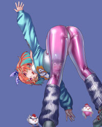 Rule 34 | 1girl, ass, bent over, blush, earrings, green hair, highres, hikienlaventana, hololive, hololive english, hoop earrings, jewelry, kfp, leotard, looking at viewer, multicolored hair, nerissa ravencroft, official alternate costume, open mouth, orange hair, pants, pantyhose, pink pants, purple eyes, purple pantyhose, simple background, smile, solo, takanashi kiara, takanashi kiara (7th costume), two-tone hair, virtual youtuber, white leotard