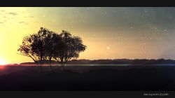 Rule 34 | artist name, cloud, dated, diffraction spikes, english text, gradient sky, letterboxed, mountainous horizon, no humans, original, outdoors, scenery, sky, star (sky), sunset, tree, waisshu (sougyokyuu), watermark, yellow sky