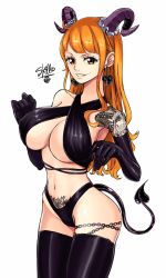 Rule 34 | 1girl, breasts, brown eyes, demon girl, earrings, elbow gloves, gloves, heart, heart earrings, heart tattoo, highres, horns, jewelry, large breasts, long hair, looking at viewer, nami (one piece), naughty face, one piece, orange hair, pubic tattoo, sherumaru (korcht06), smile, tail, tattoo, thighhighs