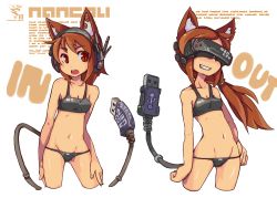 Rule 34 | 2girls, android, animal ears, artist name, bare shoulders, brown eyes, brown hair, cable, cable tail, cropped legs, english text, fake animal ears, grin, hand on own hip, head-mounted display, headset, long hair, lowleg, lowleg panties, mechanical tail, multiple girls, nancou (nankou), navel, open mouth, original, panties, ponytail, ringed eyes, smile, sports bra, tail, tears, underwear, underwear only, usb