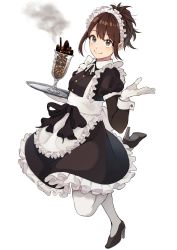 Rule 34 | 1girl, absurdres, brown eyes, brown hair, commentary, gintama, gloves, highres, holding, kobaji, maid, maid headdress, lava, parfait, ponytail, shimura tae, simple background, smoke, solo, thighhighs, tray, white background, white gloves, white thighhighs