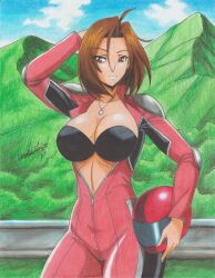Rule 34 | 1girl, 2023, absurdres, biker clothes, bikesuit, black bra, bodysuit, bra, breasts, brown eyes, brown hair, cleavage, commission, forest, hand on own head, helmet, highres, holding, holding helmet, jewelry, kusanagi aoi, large breasts, mountain, mountainous horizon, nature, necklace, outdoors, ravernclouk design, short hair, snk, solo, strapless, strapless bra, the king of fighters, traditional media, underwear, unworn headwear, unworn helmet