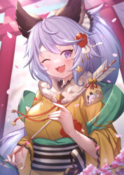 Rule 34 | 1girl, ;d, animal ears, arrow (projectile), blush, breasts, cherry blossoms, day, ema, floral print, flower, fur trim, granblue fantasy, hair between eyes, hair flower, hair ornament, hair ribbon, hamaya, highres, holding, holding arrow, japanese clothes, kimono, large breasts, long hair, long sleeves, looking at viewer, nengajou, new year, obi, one eye closed, open mouth, outdoors, ponytail, purple eyes, purple hair, ribbon, sash, satyr (granblue fantasy), smile, solo, star (symbol), star hair ornament, torii, uneg, very long hair, wide sleeves, yellow kimono
