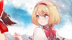 Rule 34 | 2girls, alice margatroid, bad id, bad twitter id, blonde hair, blue eyes, blue sky, blush, bow, bowtie, brown hair, capelet, cloud, commentary request, frilled hairband, frills, hair between eyes, hairband, hakurei reimu, highres, looking at another, multiple girls, out of frame, pink neckwear, short hair, sky, solo focus, touhou, uchisaki himari, upper body, white capelet
