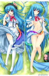 Rule 34 | 1girl, :d, bare legs, barefoot, blue hair, blush, bow, bowtie, breasts, dakemakura-koubou, dakimakura (medium), dodojune, dress, female focus, food, frilled dress, frills, fruit, hat, unworn hat, unworn headwear, hinanawi tenshi, long hair, lying, multiple views, nipples, no bra, no panties, no shoes, on back, open clothes, open mouth, open shirt, peach, pussy, red eyes, shirt, small breasts, smile, thighhighs, touhou, uncensored, very long hair, white thighhighs