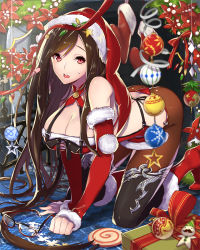 Rule 34 | 1girl, :o, all fours, bauble, bobblehat, box, breasts, brown hair, christmas, christmas ornaments, cleavage, doll, empew, facial hair, fingerless gloves, flower, fur trim, gift, gift box, gloves, hat, huge breasts, leaf, long hair, looking at viewer, mistletoe, mustache, open mouth, original, pantyhose, plant, pom pom (clothes), red eyes, round teeth, santa costume, santa hat, solo, sweatdrop, teeth, thighhighs, very long hair