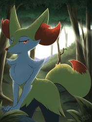 Rule 34 | 1girl, 2017, animal ears, arm support, artist name, braixen, creatures (company), dated, female focus, forest, fox ears, fox tail, furry, furry female, game freak, gen 6 pokemon, glowing, glowing eyes, grass, half-closed eyes, highres, infinitedge2u, leaf, leaning forward, legs apart, looking at viewer, looking to the side, nature, nintendo, outdoors, own hands together, pokemon, pokemon (creature), pokemon xy, red eyes, rock, signature, smile, solo, standing, stick, tail, text focus, tree, v arms