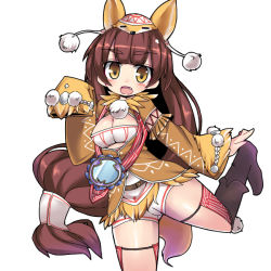 Rule 34 | 1girl, :o, black footwear, boots, breasts, brown hair, cleavage, cleavage cutout, clothing cutout, fang, fox hat, leg up, long hair, long sleeves, looking at viewer, low-tied long hair, medium breasts, mirror, nemui (nemui), pippin (sennen sensou aigis), pom pom (clothes), sennen sensou aigis, shorts, simple background, solo, standing, standing on one leg, very long hair, white background, white shorts