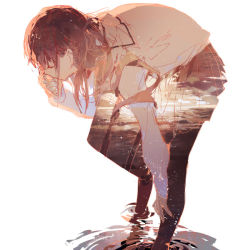 Rule 34 | 1girl, androgynous, bag, bent over, brown hair, closed eyes, cloud, double exposure, long hair, long sleeves, original, pantyhose, reflection, rella, school bag, school uniform, sidelocks, simple background, skirt, solo, sunset, thighhighs, uniform, water, white background, white uniform