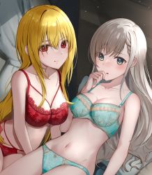 Rule 34 | 2girls, :q, aqua bra, aqua panties, arm at side, arm support, bare arms, bare shoulders, bed, blonde hair, blue eyes, blush, bow, bow panties, bra, braid, braided bangs, breasts, cleavage, closed mouth, collarbone, commentary request, commission, cowboy shot, curtains, floral print, grey hair, groin, hair between eyes, hand to own mouth, hand up, highres, hisakawa hayate, idolmaster, idolmaster cinderella girls, indoors, kozeni isari, kurosaki chitose, lace, lace-trimmed bra, lace-trimmed panties, lace trim, leaning to the side, light particles, long hair, looking at viewer, lying, medium breasts, multi-strapped bra, multi-strapped panties, multiple girls, navel, on back, on bed, panties, parted lips, pillow, print bra, print panties, raised eyebrows, red bra, red eyes, red panties, sidelocks, single braid, sitting, skeb commission, smile, stomach, tongue, tongue out, underwear, underwear only, very long hair, white bow