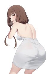 Rule 34 | 1girl, absurdres, ass, backless dress, backless outfit, bare shoulders, blush, breasts, brown eyes, brown hair, commentary, coro fae, dress, highres, iino miko, kaguya-sama wa kokurasetai ~tensai-tachi no renai zunousen~, long hair, looking at viewer, looking back, low twintails, medium breasts, open mouth, simple background, sleeveless, sleeveless dress, solo, twintails, white background, white dress