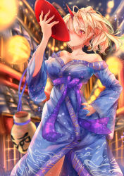 Rule 34 | 1girl, absurdres, architecture, bare shoulders, blonde hair, blue kimono, blurry, blurry background, blurry foreground, bottle, breasts, calpis118, cleavage, commentary request, cowboy shot, cup, drinking, east asian architecture, eyes visible through hair, former capital, hair over one eye, hair up, hand on own hip, highres, holding, holding cup, horns, hoshiguma yuugi, hoshiguma yuugi (kimono), japanese clothes, kimono, lantern, large breasts, looking at viewer, narrow waist, off shoulder, paper lantern, pointy ears, red eyes, sakazuki, sake bottle, sash, short ponytail, single horn, slit pupils, solo, standing, touhou, sunken fossil world, yukata