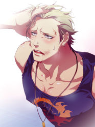 Rule 34 | 2boys, abs, bara, blonde hair, blood, earrings, gradient background, grey eyes, hand on head, hickey, jewelry, male focus, multiple boys, muscular, necklace, open mouth, pectorals, persona, persona 4, piercing, sakiraryo, scar, sweat, tatsumi kanji, teeth, tongue, yaoi