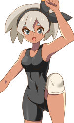 Rule 34 | 1girl, :o, arisu (mikannjs), bad id, bad pixiv id, bea (pokemon), black bodysuit, black hairband, bodysuit, bow hairband, breasts, cleavage, clenched hand, commentary, creatures (company), dark-skinned female, dark skin, eyelashes, game freak, grey eyes, grey hair, hair between eyes, hairband, highres, knee pads, leg up, looking at viewer, nintendo, open mouth, pokemon, pokemon swsh, short hair, solo, tongue