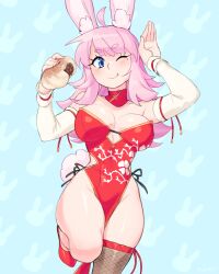 Rule 34 | 1girl, absurdres, animal ear fluff, animal ears, animal print, blue eyes, blush, breasts, china dress, chinese clothes, cleavage, dress, eating, fishnet thighhighs, fishnets, food, foot up, groin, highres, holding, holding food, large breasts, long hair, mole, mole under eye, no panties, one eye closed, original, pink hair, rabbit ears, rabbit girl, rabbit print, rabbit tail, red dress, red footwear, red thighhighs, rob ishi, side-tie dress, single thighhigh, smile, solo, tail, thighhighs, wrist cuffs