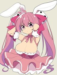 Rule 34 | 1girl, animal ears, arm under breasts, bare shoulders, breasts, choker, cleavage, closed mouth, cropped legs, di gi charat, dice, dice hair ornament, dress, frilled dress, frills, hair ornament, hair ribbon, heart, large breasts, long hair, mzh, pink eyes, pink hair, pink neckwear, rabbit ears, ribbon, ribbon choker, simple background, solo, twintails, usada hikaru