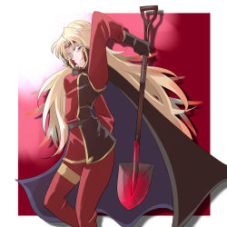 Rule 34 | 1girl, artist request, blonde hair, border, cape, female focus, from side, long hair, looking at viewer, lord of nightmares, slayers, smile, solo, upper body, white border