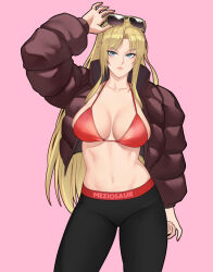 Rule 34 | 1girl, alternate costume, arm up, artist name, bikini, bikini top only, black pants, blonde hair, blue eyes, brown jacket, clarisse (fire emblem), clothes writing, collarbone, commentary, commission, cowboy shot, eyewear on head, fire emblem, fire emblem: new mystery of the emblem, jacket, leggings, long hair, looking at viewer, meziosaur, navel, nintendo, open clothes, open jacket, pants, pink background, red bikini, simple background, solo, standing, stomach, sunglasses, swimsuit, thighs, very long hair