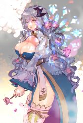 Rule 34 | 1girl, arch bishop (ragnarok online), blue dress, breasts, cleavage, cleavage cutout, clothing cutout, commentary request, cowboy shot, cross, demon wings, dress, flower, frilled thighhighs, frills, grey hair, hair between eyes, hair flower, hair ornament, head wings, highres, holding, holding flower, juliet sleeves, large breasts, long hair, long sleeves, open mouth, pink flower, puffy sleeves, ragnarok online, reload9 yohji, sash, signature, solo, thighhighs, two-tone dress, watermark, wavy hair, white dress, white thighhighs, wings, yellow eyes, yellow sash