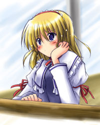 Rule 34 | 1girl, alice margatroid, blonde hair, blue eyes, blush, capelet, exe (artist), female focus, hairband, head rest, juliet sleeves, long sleeves, puffy sleeves, red ribbon, ribbon, short hair, solo, touhou, upper body, xe (execut3r)