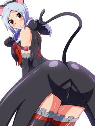 Rule 34 | 00s, 1girl, animal ears, aokura shou, armlet, ass, bare shoulders, black thighhighs, blue hair, blush, cat tail, detached sleeves, eas (fresh precure!), fake animal ears, fresh precure!, frills, from behind, frown, higashi setsuna, highres, hood, leaning forward, looking at viewer, paw pose, precure, red eyes, short shorts, shorts, solo, tail, thighhighs, transparent background, zettai ryouiki