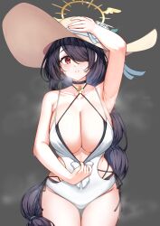 Rule 34 | absurdres, arm up, black hair, blue archive, braid, breasts, center opening, cross, cross earrings, earrings, flower, halo, halterneck, hand on headwear, hat, hat flower, hat ribbon, highres, hinata (blue archive), hinata (swimsuit) (blue archive), jewelry, large breasts, moecchi, one-piece swimsuit, red eyes, ribbon, single braid, sun hat, swimsuit, three quarter view