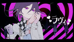 Rule 34 | 1boy, 1other, black background, checkered clothes, checkered scarf, commentary request, danganronpa (series), danganronpa v3: killing harmony, demon boy, grey jacket, hand on another&#039;s face, heart, heart in eye, holding hands, jacket, long sleeves, male focus, medium hair, oma kokichi, pink background, purple eyes, scarf, solo focus, symbol in eye, translated, wa noko, wings
