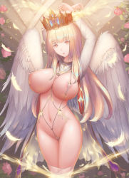 Rule 34 | 1girl, angel, arms up, bad id, bad pixiv id, blonde hair, breasts, cape, cleavage, crown, feathered wings, feathers, flower, large breasts, looking at viewer, navel, red eyes, revealing clothes, rinmmo, rose, solo, standing, sweat, thighhighs, white feathers, white thighhighs, white wings, wings