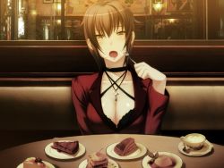 Rule 34 | 1girl, black bra, black hair, bra, breasts, brown hair, business suit, cake, choker, cleavage, cross, cup, dessert, eating, food, fork, formal, game cg, gekkou no carnevale, holding, holding fork, holding spoon, jacket, jewelry, large breasts, latin cross, lingerie, lipstick, looking at viewer, makeup, necklace, nitroplus, oosaki shin&#039;ya, open mouth, pastry, pie, pov across table, rebecca (gekkou no carnevale), short hair, skirt, skirt suit, solo, spoon, suit, teacup, underwear, yellow eyes