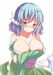 Rule 34 | 1girl, bare shoulders, blue eyes, blue hair, blush, breast hold, breasts, bust cup, cleavage, collarbone, fins, ging1993, head fins, highres, japanese clothes, kimono, large breasts, long sleeves, looking at viewer, mermaid, monster girl, nose blush, obi, off shoulder, sash, simple background, solo, touhou, wakasagihime, white background