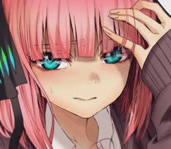 Rule 34 | 1girl, blue eyes, blunt bangs, blush, closed mouth, embarrassed, fingernails, go-toubun no hanayome, hair ornament, hand up, hoshi san 3, long sleeves, looking at viewer, nakano nino, pink hair, portrait, sleeves past wrists, solo, sweat