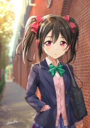 Rule 34 | 10s, 1girl, :o, artist name, bag, black hair, blazer, blue jacket, blue skirt, blurry, blurry background, bow, bowtie, brick wall, cable, cardigan, clenched hand, collared shirt, commentary request, day, depth of field, green bow, green bowtie, hair bow, hand in pocket, headphones, highres, jacket, listening to music, long sleeves, looking at viewer, love live!, love live! school idol project, otonokizaka school uniform, outdoors, pink cardigan, plaid, plaid skirt, red bow, red eyes, school bag, school uniform, shamakho, shirt, sidelocks, skirt, solo, standing, striped bow, striped bowtie, striped clothes, striped neckwear, twintails, upper body, yazawa nico