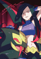 Rule 34 | 1girl, black hair, creatures (company), crop top, dated, frontier brain, game freak, gen 3 pokemon, gloves, long hair, lucy (pokemon), midriff, multicolored hair, nibo (att 130), nintendo, pants, parted lips, pokemon, pokemon (creature), pokemon emerald, pokemon rse, purple gloves, red eyes, red hair, seviper, smile, translation request, two-tone hair