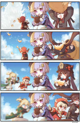 Rule 34 | 4girls, 4koma, :d, absurdres, ahoge, basket, blonde hair, brown gloves, brown hair, brown scarf, cabbie hat, chasing, chinese clothes, coin hair ornament, colored tips, comic, commentary request, drinking straw, fish, fleeing, flower, flower-shaped pupils, genshin impact, gloves, hair between eyes, hair ornament, hat, highres, holding, holding basket, hu tao (genshin impact), jean (genshin impact), jiangshi, klee (genshin impact), long hair, long sleeves, low ponytail, low twintails, multicolored hair, multiple girls, ofuda, open mouth, plum blossoms, pointy ears, porkpie hat, purple eyes, purple hair, qiqi (genshin impact), red eyes, red headwear, running, scared, scarf, sidelocks, smile, sparkle, sweatdrop, symbol-shaped pupils, twintails, yoshinao (yoshinao 0203)