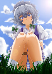 Rule 34 | 1girl, blue dress, blue eyes, blue sky, blush, braid, cloud, day, dress, female focus, grass, hands on own knees, highres, izayoi sakuya, lens flare, looking at viewer, maid, maid headdress, outdoors, panties, pantyshot, puffy sleeves, shirt, short sleeves, silver hair, sitting, sky, solo, squatting, striped clothes, striped panties, thigh strap, touhou, twin braids, underwear, zan (harukahime)