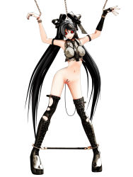 Rule 34 | 1girl, 3d, arms up, bdsm, belt, black hair, black ribbon, black sclera, black thighhighs, bondage, boots, bound, breasts, buckle, bug, calne ca (deino), chain, collar, colored sclera, cuffs, deino (deino3330), female focus, gloves, hair ribbon, harness, head tilt, highres, leash, leg belt, long hair, looking at viewer, midriff, nail polish, navel, original, pubic tattoo, pussy, red eyes, revealing clothes, ribbon, sex toy, simple background, single glove, skinny, slender, small breasts, solo, spreader bar, stomach, tattoo, thighhighs, uncensored, very long hair, vibrator, white background